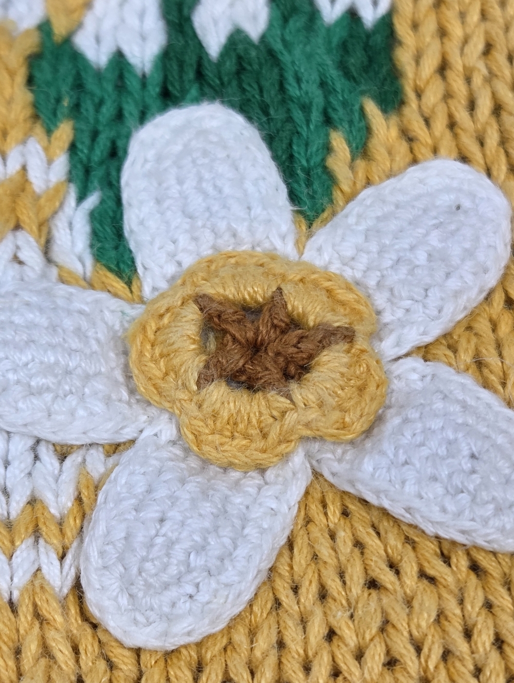 Vintage Hand Knit Floral Cardigan Yellow Daisy Embroidered 3D Cottagecore - Picture 6 of 8